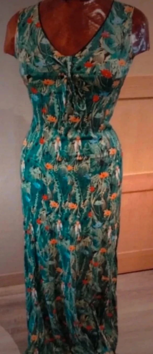 Très longue robe faite main tissu oiseau jungle T36/38